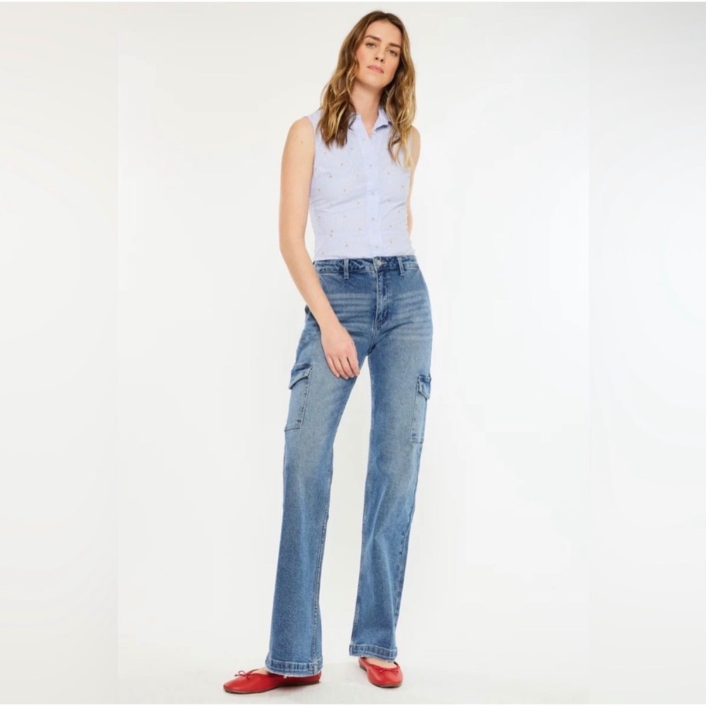 KanCan Aspen High Rise Cargo Flare Jeans Medium Wash Size 25